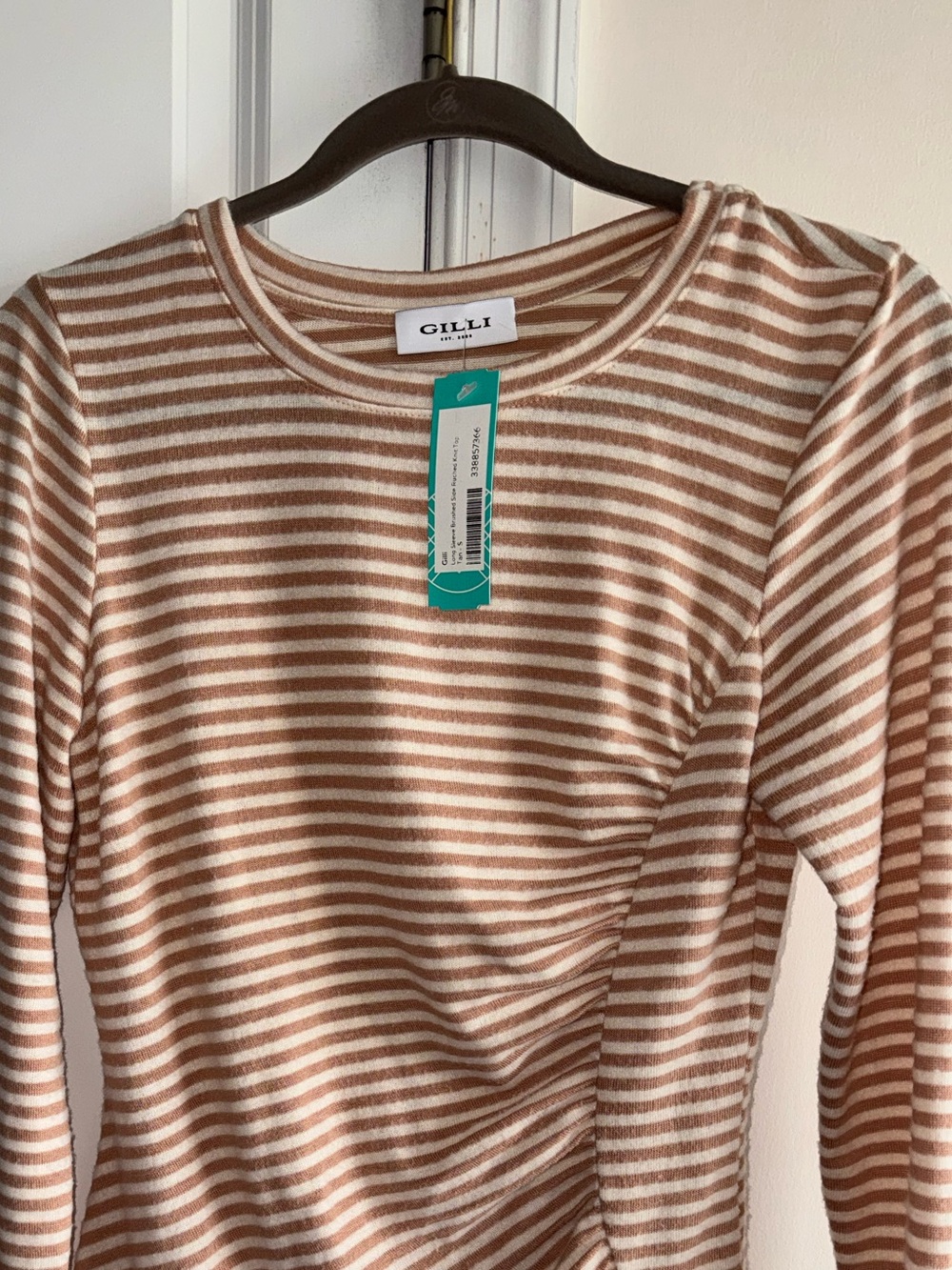 Gilli Beige and White Striped Long-Sleeve Crew Top